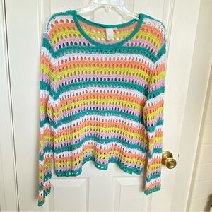 Vintage Retro Colorful Striped Ribbon Crochet Sweater Relaxed Fit - Size L